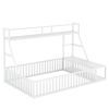 Full Size Floor Bed Frame with Safety Fence, Metal Floor Bed with Desk and Storage Shelves, Playhouse for Kids, White - as Pic