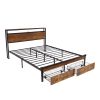 Full Size Metal Platform Bed Frame with Wooden Headboard and Footboard with USB,Charging Station,2 Drawers,LED Lights