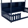 Twin Size House Bed with LED Light, Wood House Bed with Storage Bookshelf, Floor House Bed with Guardrails, Navy Blue