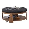 Wire-brushed Finish Natural Tone/Dark Gray 1pc Ottoman Transitional Style Deep Button Linen Like Tufted Seat Open Bottom Shelf Living Room - as Pic