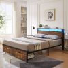 Full Size Metal Platform Bed Frame with Wooden Headboard and Footboard with USB,Charging Station,2 Drawers,LED Lights