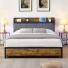Queen Size Bed Frame, Storage Headboard with Charging Station and 4 Storage Drawers,LED Lights , Brown and and Gray - as Pic