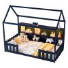 Twin Size House Bed with LED Light, Wood House Bed with Storage Bookshelf, Floor House Bed with Guardrails, Navy Blue