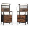 Set of 2 Nightstand with Fabric Drawers, Bedside Table with Charging Station and LED Lights, End Table with USB Ports & Outlets