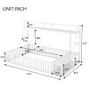 Full Size Floor Bed Frame with Safety Fence, Metal Floor Bed with Desk and Storage Shelves, Playhouse for Kids, White - as Pic