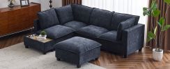 90" U-shaped Sectional Sofa Modular Sofa Couch with a Movable Ottoman , a Coffee Table with Hidden Charging Devices for Living Room, Blue - as Pic