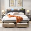 Queen Size Metal Platform Bed Frame with upholstery storage function Headboard and USB LINER and Footboard with drawers, Queen