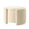 Round Ottoman teddy fleece cushioned footpads living room and bedroom footstool with storage space (Beige) - as Pic