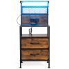 Set of 2 Nightstand with Fabric Drawers, Bedside Table with Charging Station and LED Lights, End Table with USB Ports & Outlets