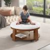 Modern Large Round Ottoman Coffee Table 2-Tier Oversized Button Tufted Ottoman with Wood Shelf Storage - Ivory White - Rubber Wood
