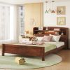 Full Pine Wood Bed with Bookcase Headboard ,LED Motion Sensor Light, Bed Guardrails,Walnut - as Pic