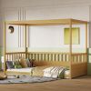 Twin Size Canopy Bed Frame with Guardrails for Kids,Floor Bed Twin with Four Poster Design,Kids Montessori Floor Bed(Twin,Natural)