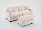 L Shape Sofa Couch with USB and cup holder, corduroy striped fabric 2-seater sofa with 1 footstool, beige