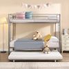 Over Twin Bunk Bed Frame with Trundle,Metal Bunkbed with Sturdy Guard Rail and 2 sideLadders- Silver
