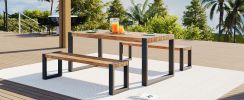 GO 3-pieces Outdoor Dining Table With 2 Benches, Patio Dining Set With Unique Top Texture, Acacia Wood Top & Steel Frame