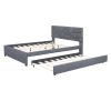 Queen Size Upholstered Platform Bed with Brick Pattern Headboard and Twin XL Size Trundle, Linen Fabric, Gray - as Pic