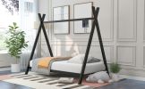 House Bed Tent Bed Frame Twin Size Metal Floor Play House Bed with Slat for Kids Girls Boys , No Box Spring Needed Black - as pic