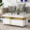 Contemporary Coffee Table with Faux Marble Top, Rectangle Cocktail Table with Caster Wheels, Moderate Luxury Center Table with Gold Metal Bars
