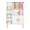 Storage Cabinet, Free Standing Wooden Display Bookcase with Double Doors, 2 Shelves, 3 Cubes and 4 Legs- White
