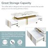 Contemporary Coffee Table with Faux Marble Top, Rectangle Cocktail Table with Caster Wheels, Moderate Luxury Center Table with Gold Metal Bars