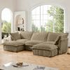 Slipcovered U Shape Sectional Deep Seat Sofa Couch, 3 Seater Sofa with French Edges Design, Camel