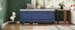 TREXM Classic Shoe Bench with Cushion and Three Drawers, Fluted Entryway Bench, Navy Blue