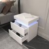 Modern Black LED Nightstand with Led Lights Bedside table with 2 High Gloss Drawers for Bedroom - White - Particle Board
