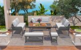 K&K 6-Piece Rope Patio Furniture L-Shaped Set, Outdoor Sectional Sofa Set with Acacia Wood Table with Ice Box, Grey
