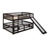 Bunk Bed with Slide,Full Over Full Low Bunk Bed with Fence and Ladder for Toddler Kids Teens Espresso - as pic