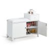 White Shoe Storage Bench Cabinet with Fireproof PU Cushion, Double Doors and Movable Drawer Wood for Door Entrance - as Pic