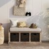 Rustic Storage Bench with 3 Removable Classic Rattan Basket ,Entryway Bench with Removable Cushion - White Washed - Solid Wood