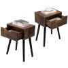 Set of 2 Mid Century Wood Side Table, End Table with 1 Storage Drawer, Nightstand for Bedroom Living Room - Retro Brown + Black