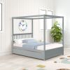 Full Size Canopy Bed with Twin Trundle, Kids Solid Wood Platform Bed Frame w/ Headboard, No Box Spring Needed Grey Color - as pic