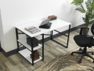 Furnish Home Store Sage Black Metal Frame 47" Wooden Top 2 Shelves Writing and Computer Desk for Home Office, White - as pic