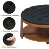 Modern Large Round Ottoman Coffee Table 2-Tier Oversized Button Tufted Ottoman with Wood Shelf Storage  - Black+Brown - Rubber Wood