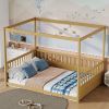 Full Size Canopy Bed Frame with Guardrails for Kids,Floor Bed Full with Four Poster Design,Kids Montessori Floor Bed,Wood Canopy Bed Frame