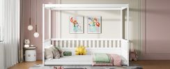 Full Size Canopy Bed Frame with Guardrails for Kids,Floor Bed Full with Four Poster Design(Full,White)