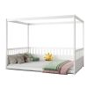 Full Size Canopy Bed Frame with Guardrails for Kids,Floor Bed Full with Four Poster Design(Full,White)