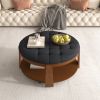 Modern Large Round Ottoman Coffee Table 2-Tier Oversized Button Tufted Ottoman with Wood Shelf Storage  - Black+Brown - Rubber Wood