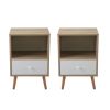 Set of 2 Mid-Century Wood Nightstand, Bed Sofa Side Table with Drawer and Shelf, Modern End Table- Natural and White