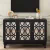 Modern Mirrored TV Stand for TV up to 55 Inches,Entertainment Center Solid Wood Legs,Metal Handle and 3 Adjustable Shelves For Living room - Black