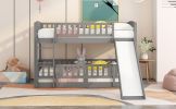 Bunk Bed with Slide,Twin Over Twin Low Bunk Bed with Fence and Ladder for Kids Teens Grey - as pic