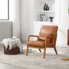 COOLMORE Modern Accent Chair, Solid Wood Padding Lounge Armchairs With One pillow for Living Room, Bedroom, Guest Room (Light Brown PU) - as Pic