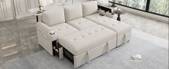 83.5" L-shaped Sofa Couch Convertible Sofa Bed Sectional Sofa with Ample Storage Space, Two Cup Holders and Two USB Ports for Living Room, Beige