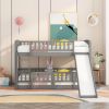 Bunk Bed with Slide,Twin Over Twin Low Bunk Bed with Fence and Ladder for Kids Teens Grey - as pic