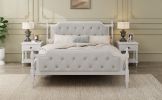 Traditional Style Solid Wood Bed Frame with Upholstered Tufted Headboard,No Box Spring Needed,King Size, Antique White - as Pic