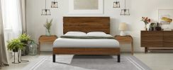 Mid-Century Modern Solid Wood Bed Frame Queen Size Platform Bed with Six-Piece Headboard Design, No Box Spring Needed, Brown - as Pic