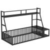 Twin Size Floor Bed Frame with Safety Fence, Metal Floor Bed with Desk and Storage Shelves, Playhouse for Kids, Black - as Pic