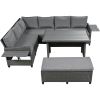 5-Piece Outdoor Patio Rattan Sofa Set; Sectional PE Wicker L-Shaped Garden Furniture Set with 2 Extendable Side Tables; Brown - Gray