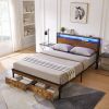 Full Size Metal Platform Bed Frame with Wooden Headboard and Footboard with USB,Charging Station,2 Drawers,LED Lights